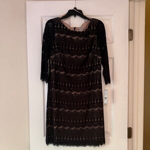 Eliza J Black Lace Overlay Sheath Dress with Nude Lining